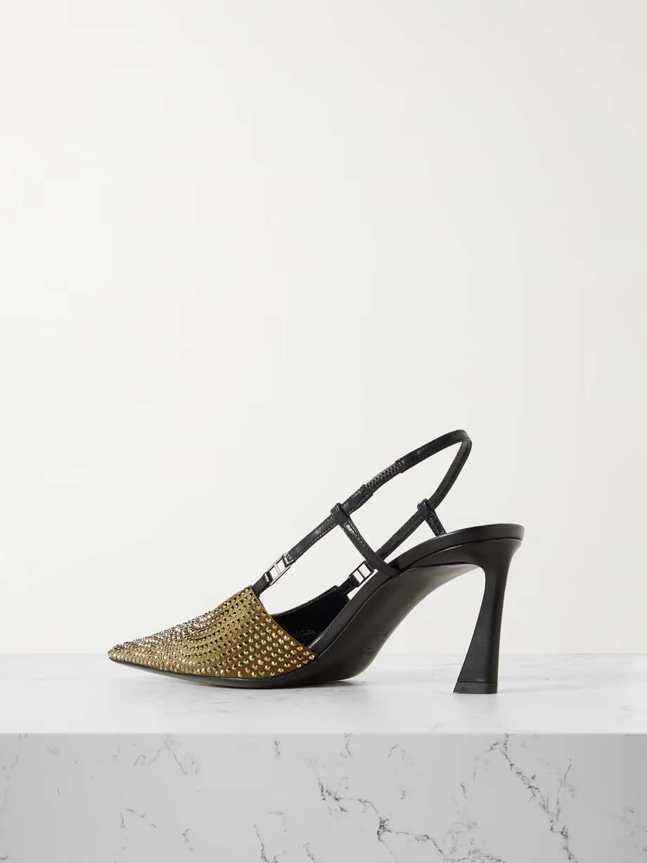 Andree crystal-embellished satin and leather slingback pumps