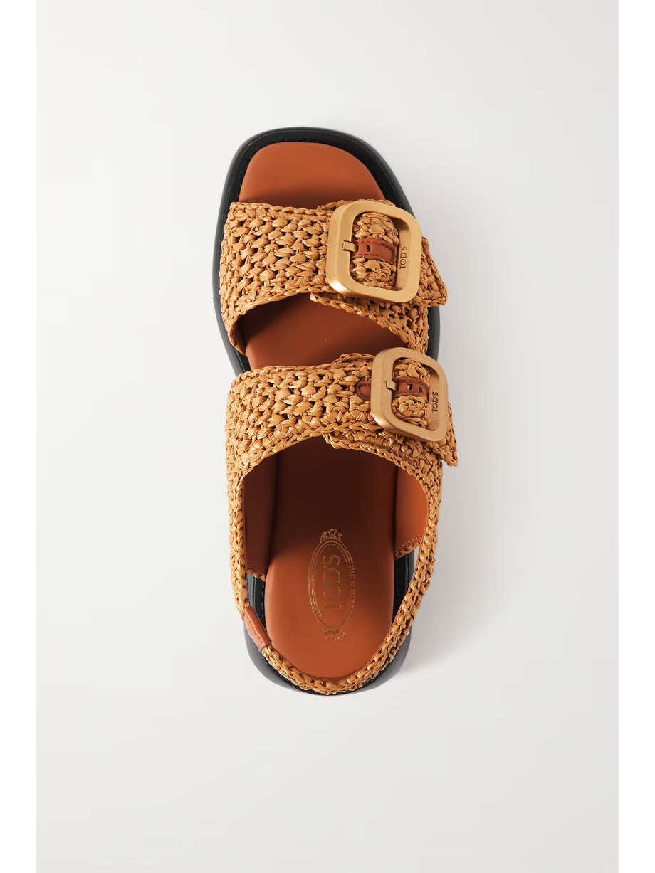 Buckled leather-trimmed raffia sandals