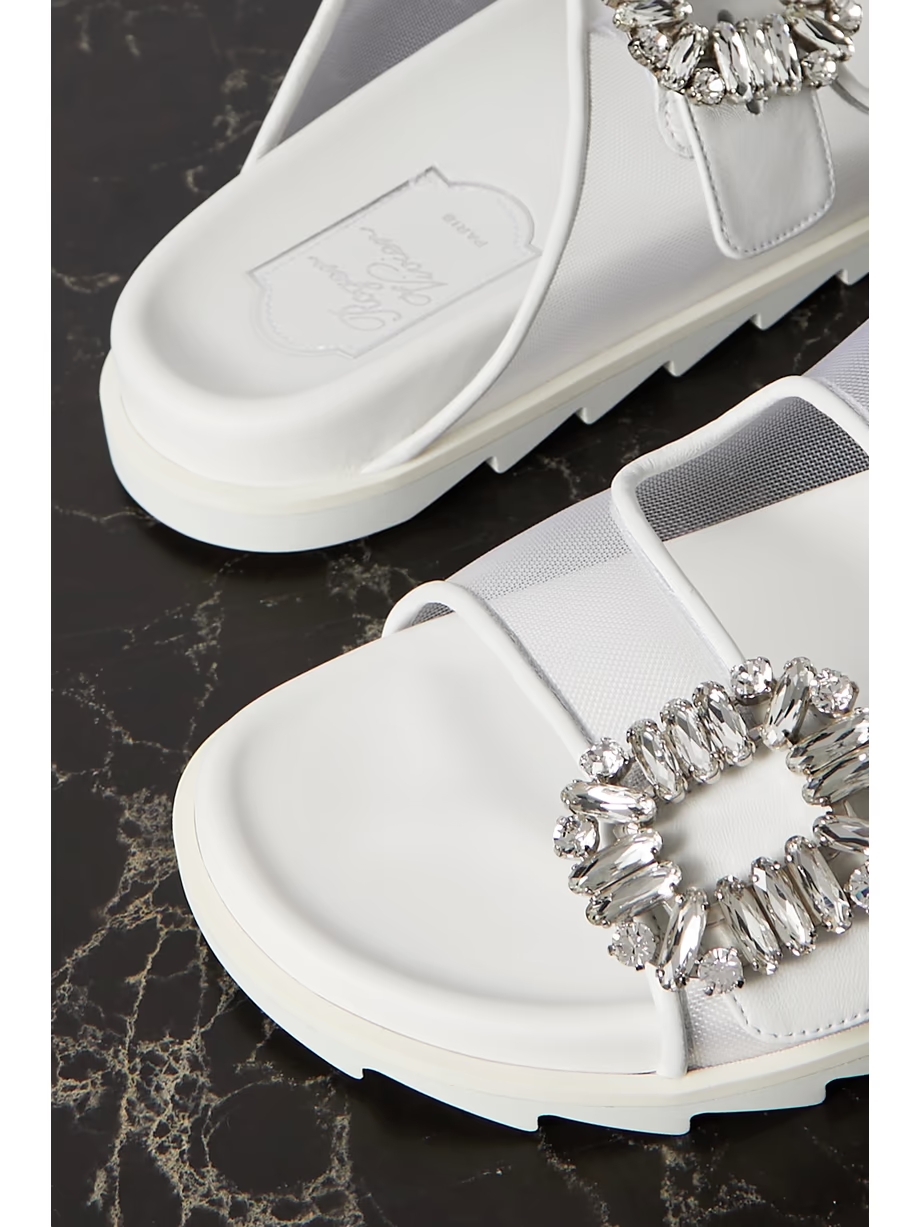 Slidy Viv crystal-embellished leather-trimmed mesh slides