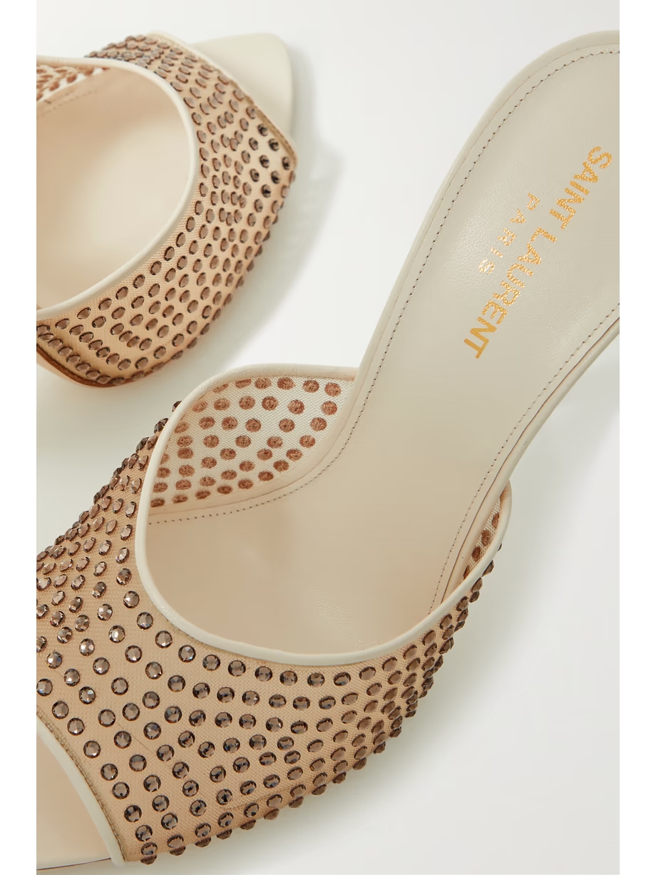 Blonde leather-trimmed crystal-embellished mesh mules