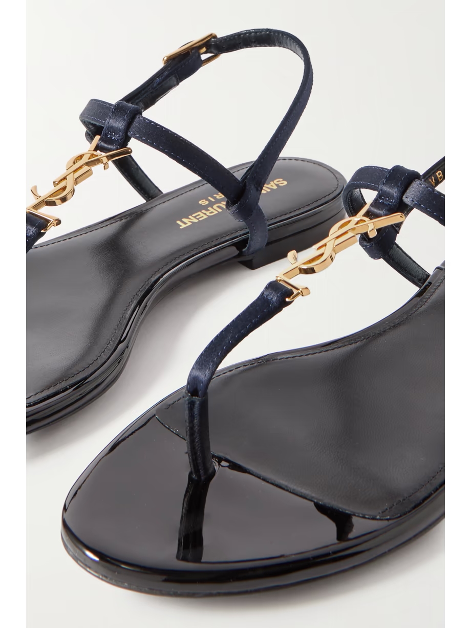 Cassandra logo-embellished satin and leather slingback sandals