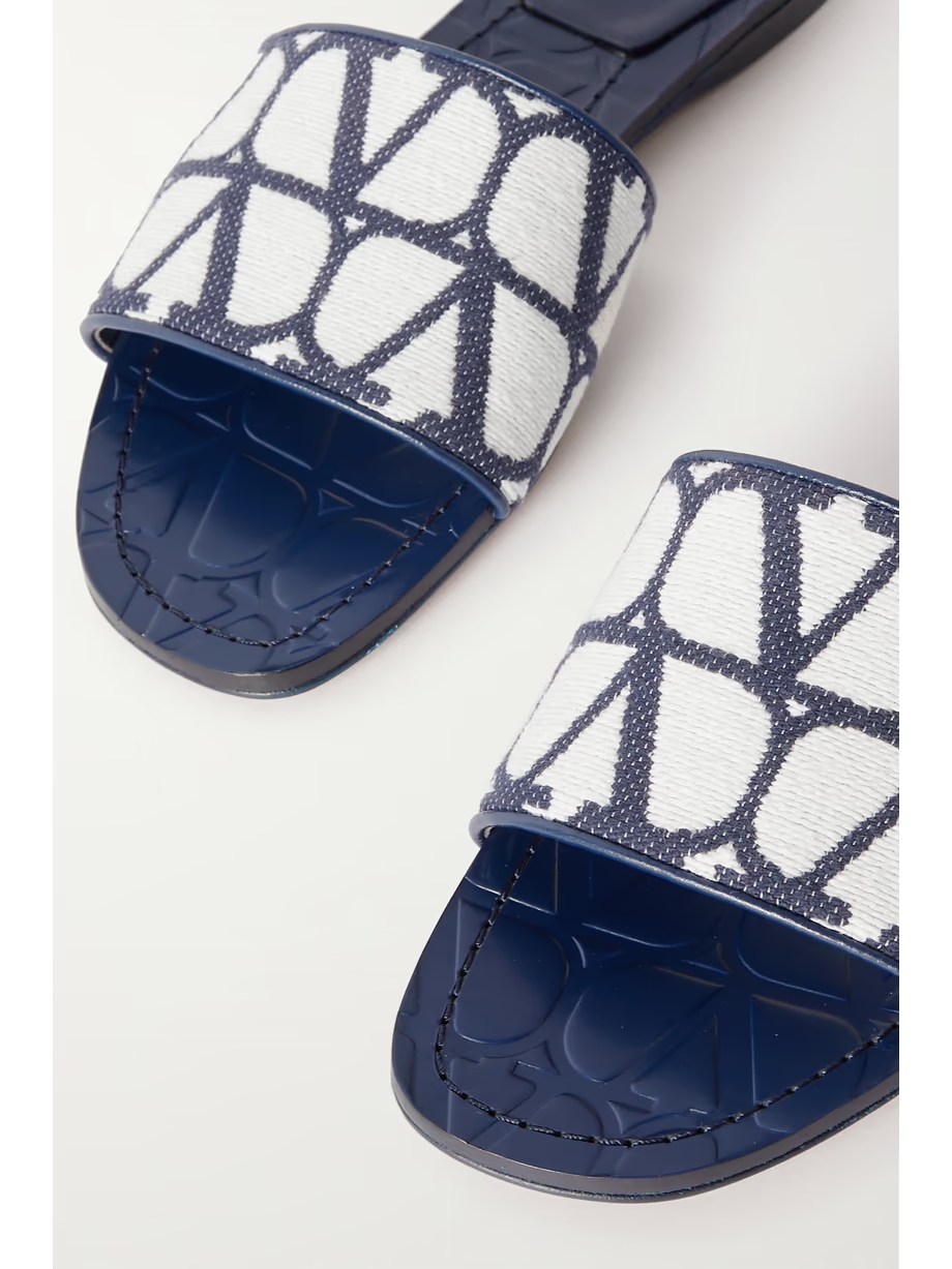 Toile Iconographe leather-trimmed cotton-canvas jacquard slides