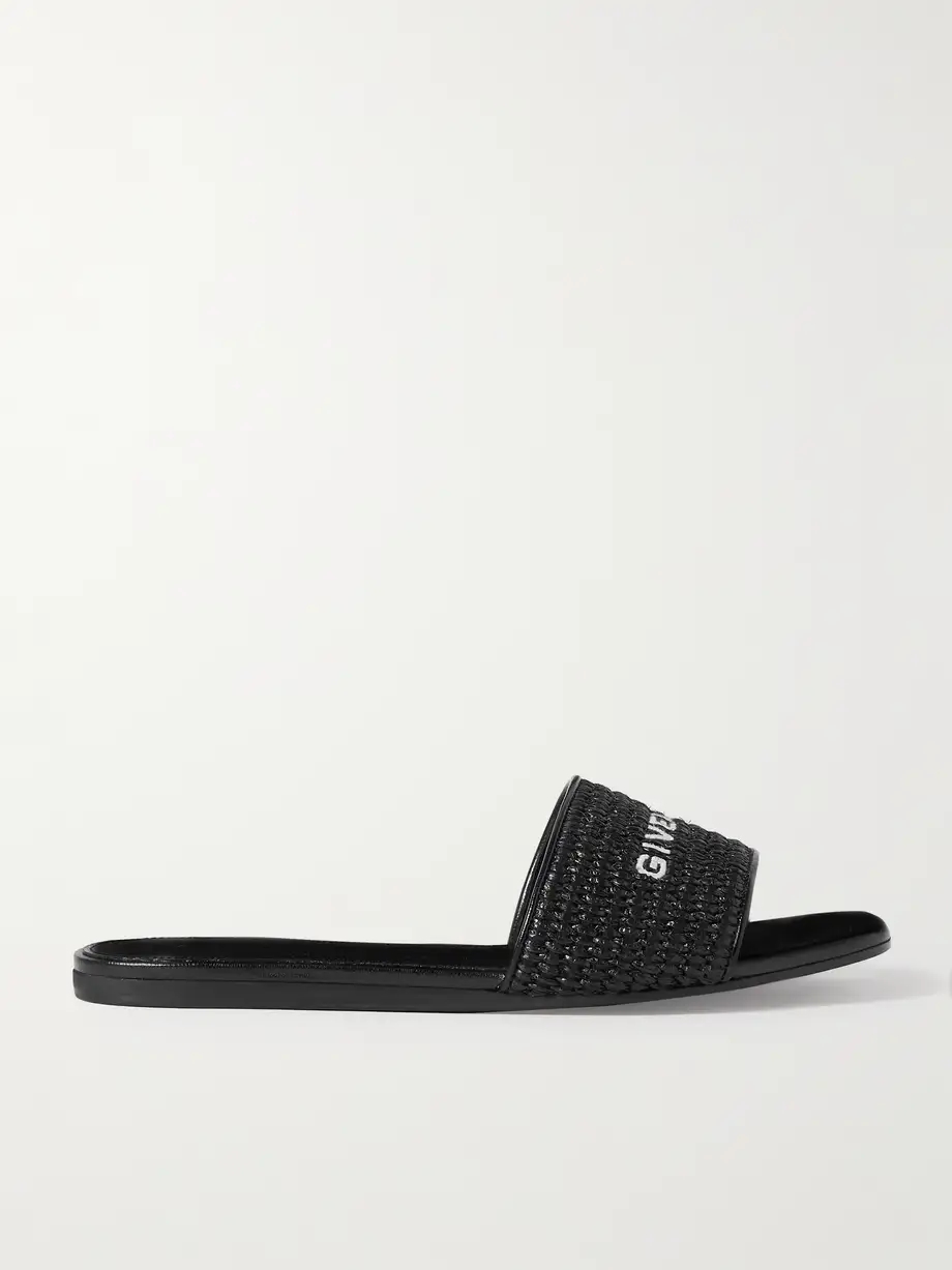 4G leather-trimmed embroidered raffia slides