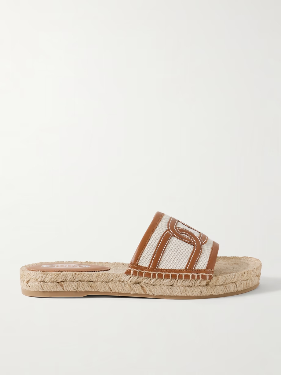 Leather and cavas-trimmed raffia slides