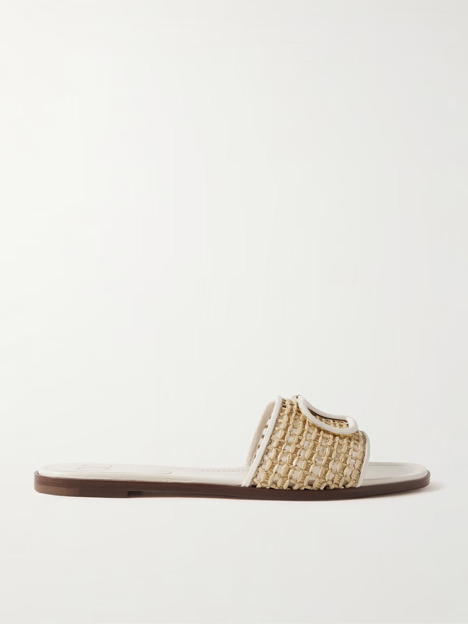 VLOGO embellished leather-trimmed raffia slides