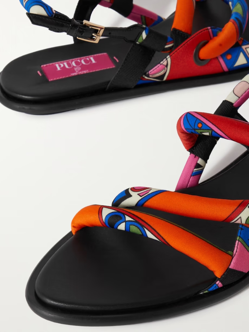 Patent-leather trimmed printed shell sandals