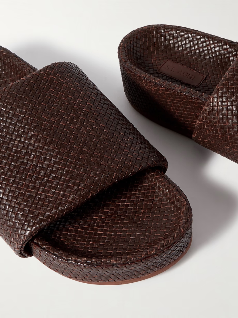 Woven leather platform slides