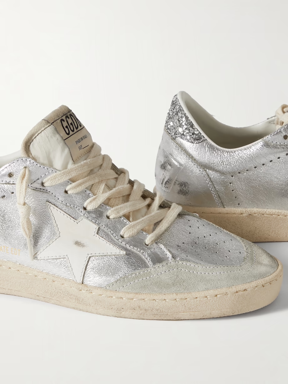 Ballstar glittered distressed metallic leather sneakers