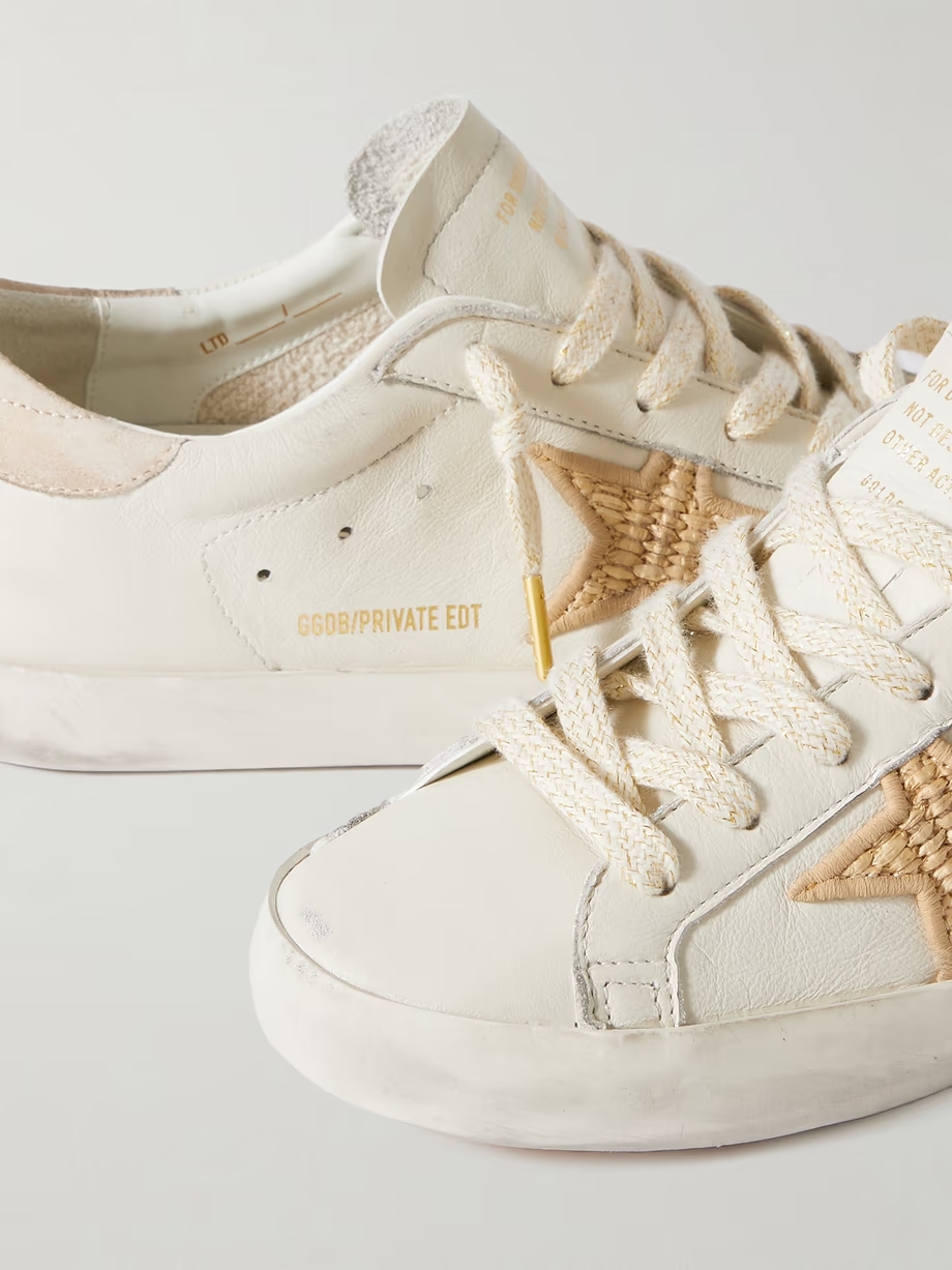 Super-Star raffia-trimmed distressed leather sneakers