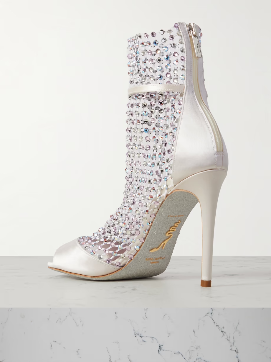 Galaxia crystal-embellished satin and mesh pumps