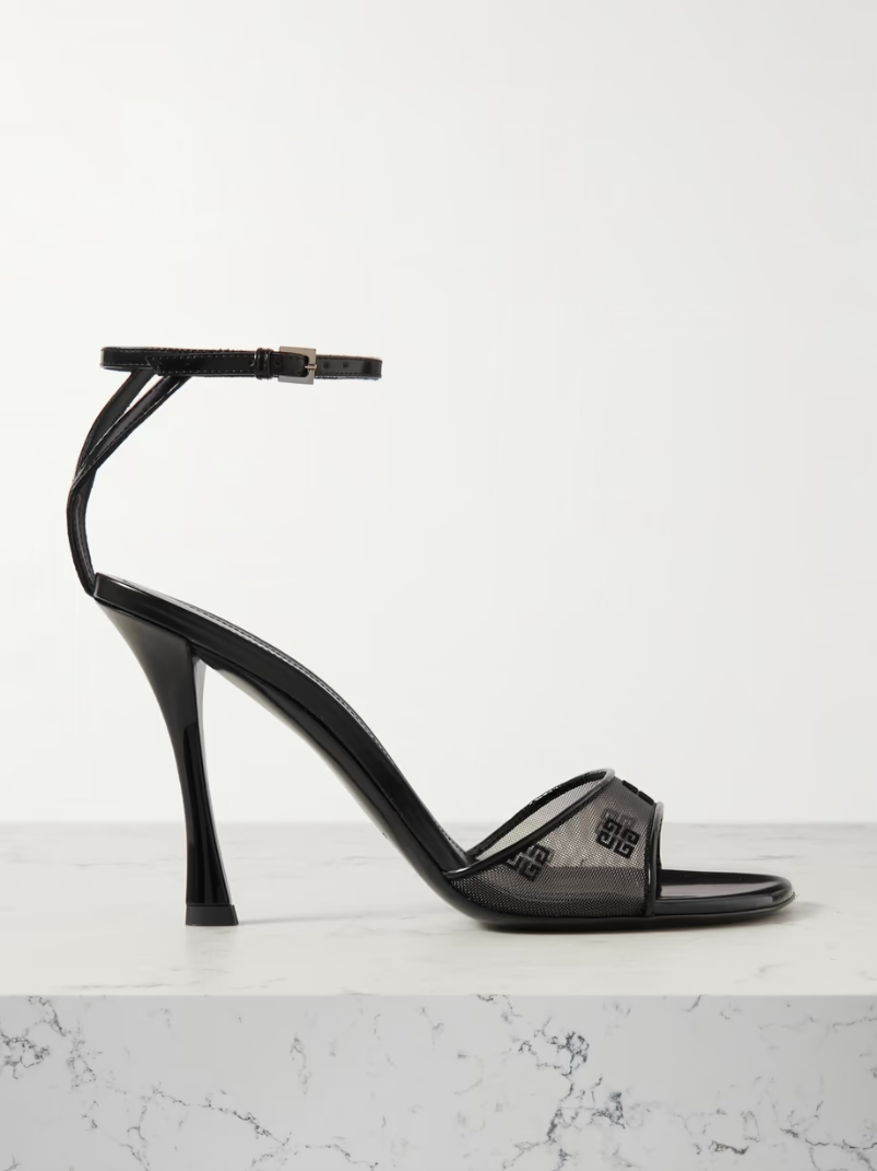 Patent leather-trimmed devoré-mesh sandals