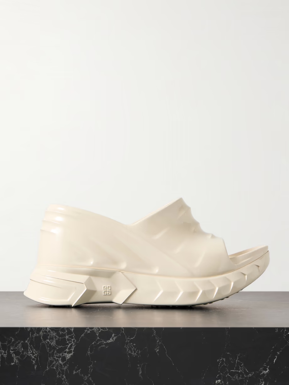 Marshmallow glossed-rubber platform wedge mules