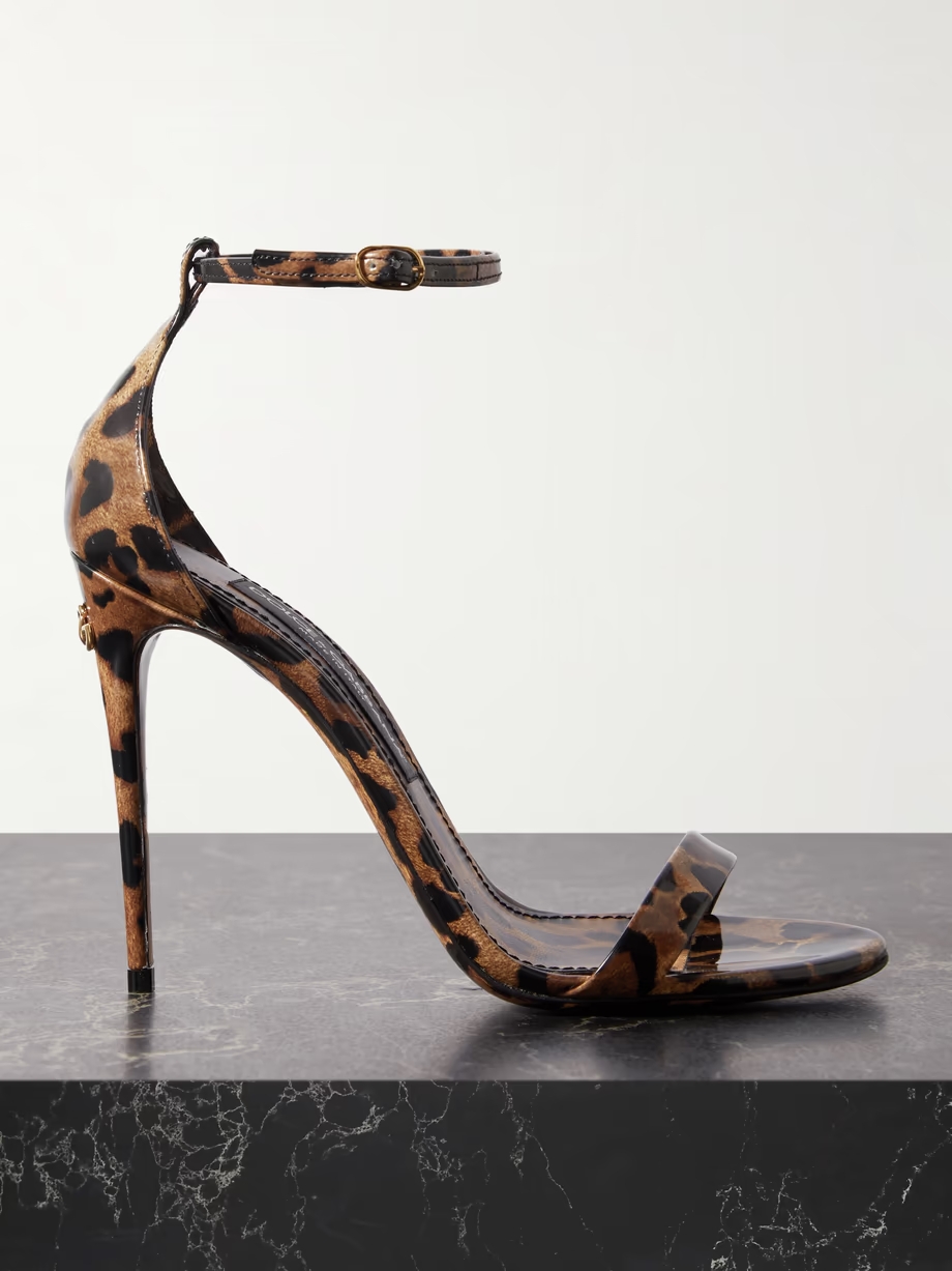 Leopard-print patent-leather sandals