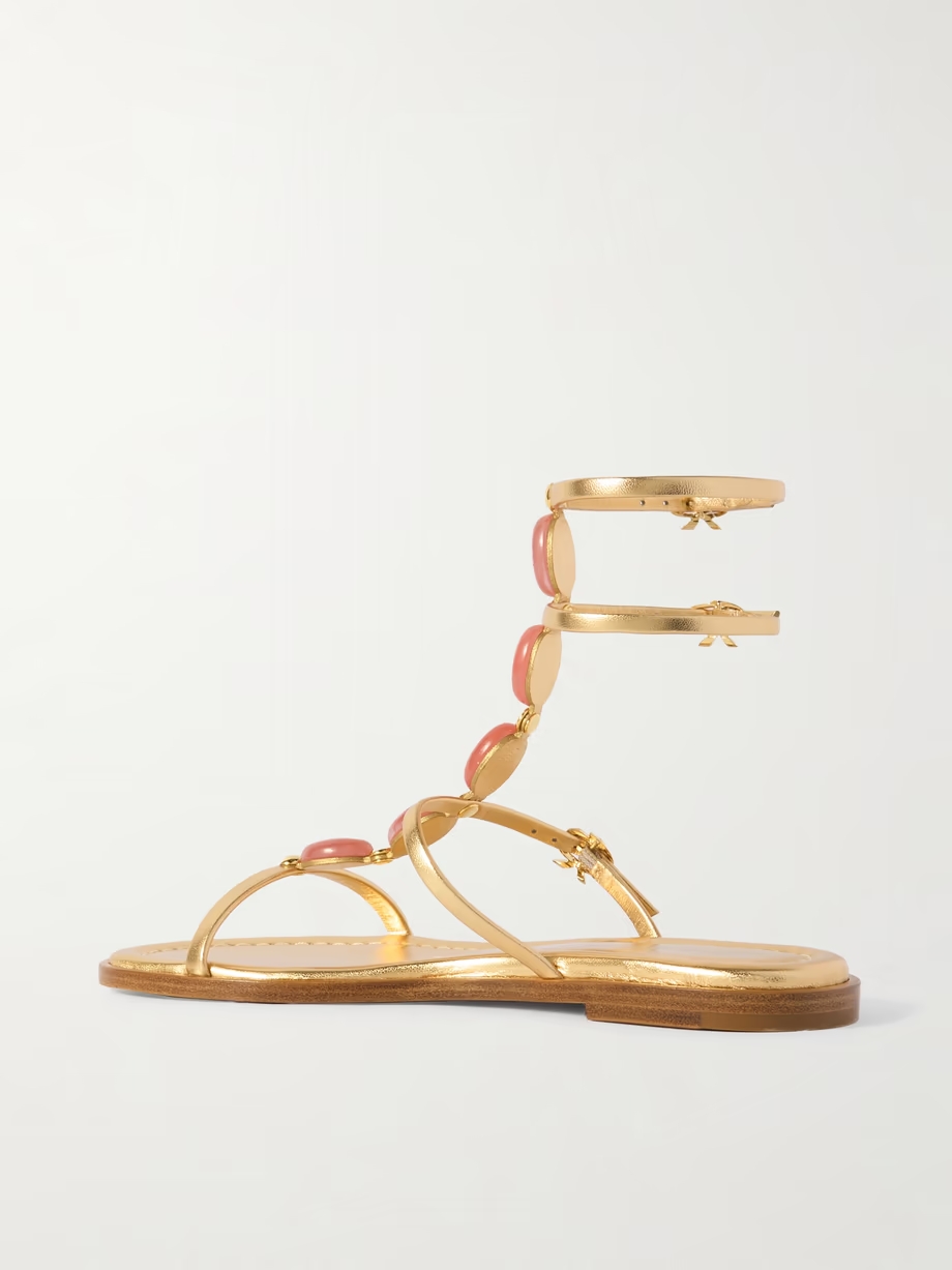 Shanti stone-embellished metallic leather sandals