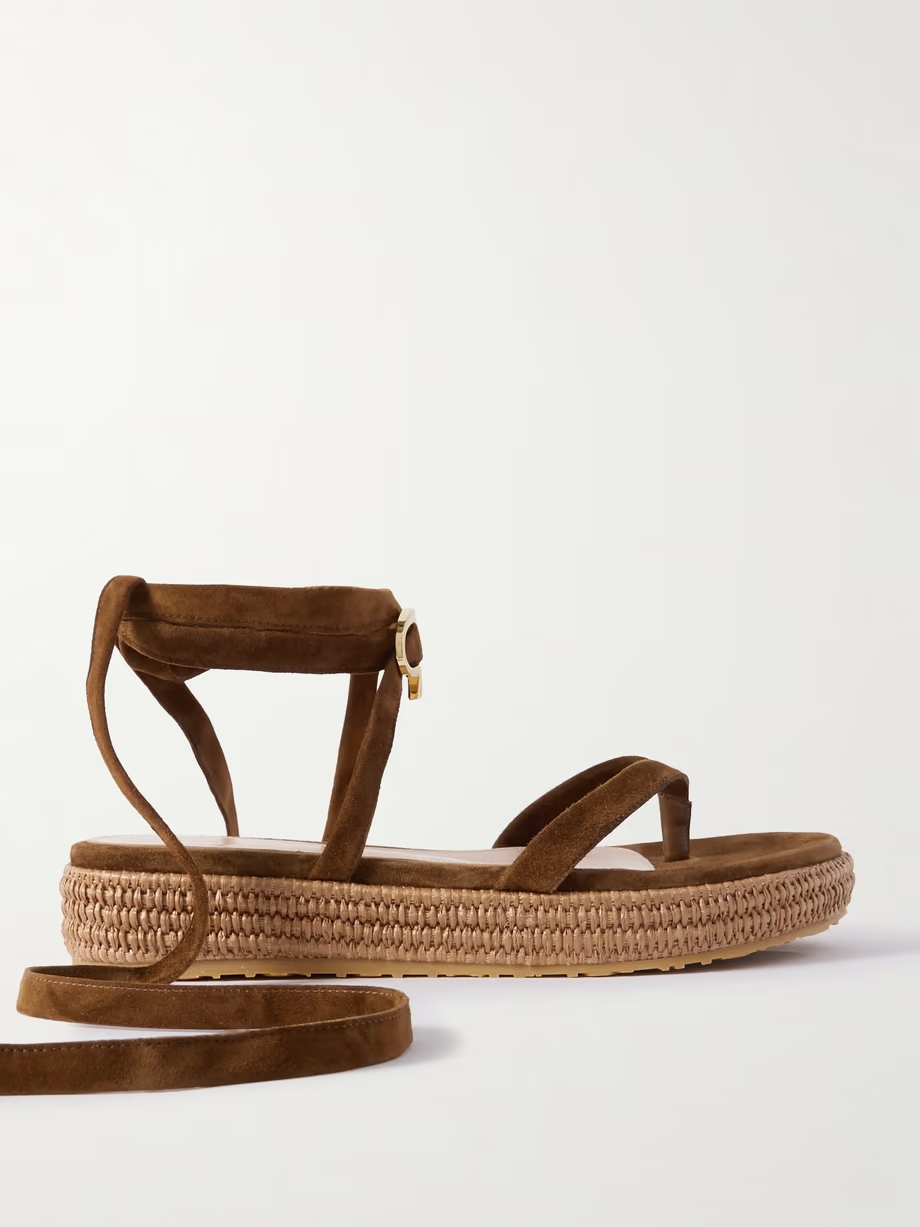 Yasmine embellished raffia-trimmed suede sandals