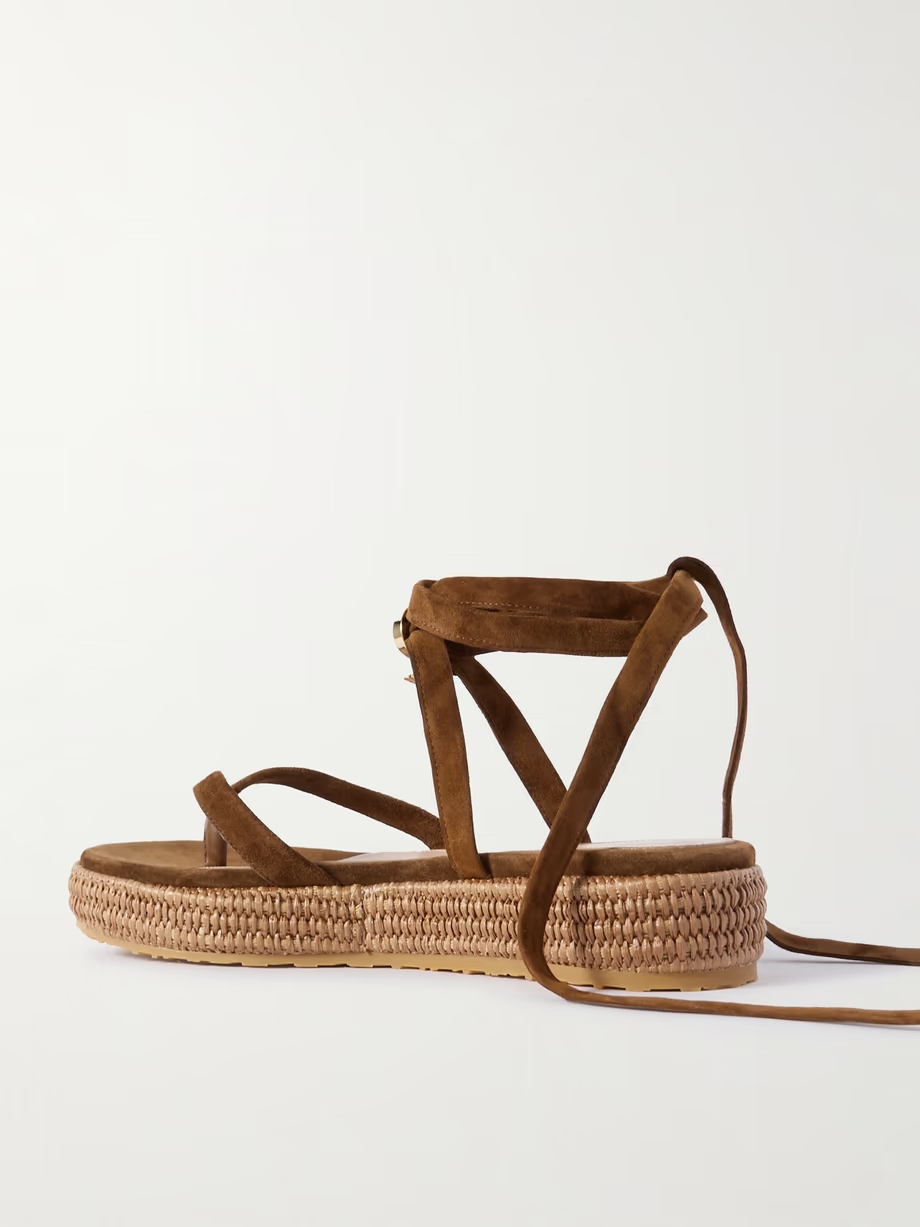 Yasmine embellished raffia-trimmed suede sandals