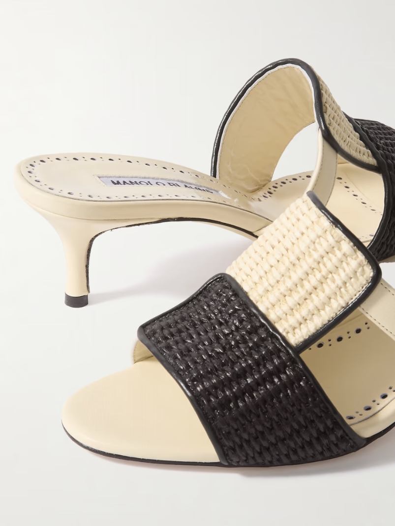 Fabiolamu 50 cutout leather-trimmed two-tone raffia mules