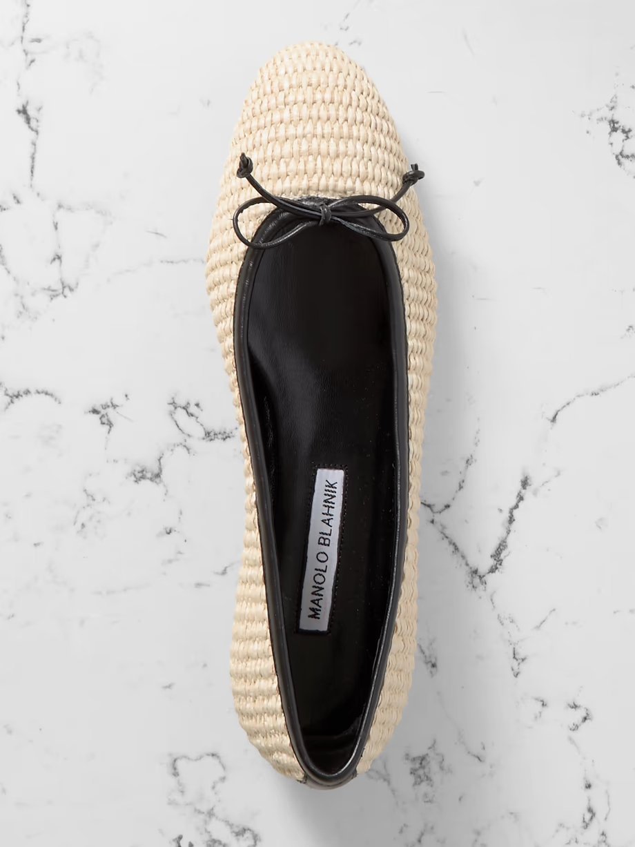 Veralli leather-trimmed raffia ballet flats