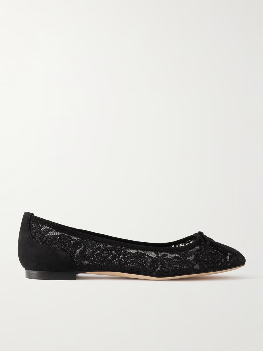 Verizzo bow-detailed suede-trimmed cotton-blend lace ballet flats