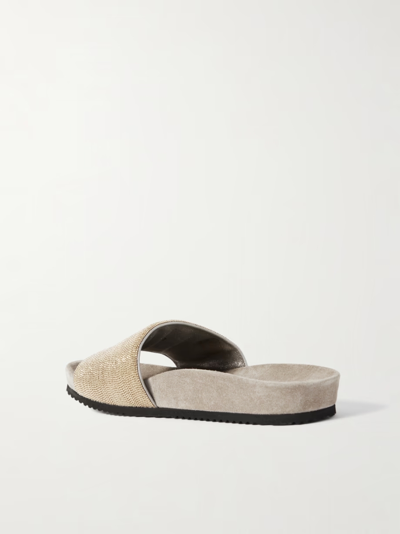 Bead-embellished suede slides