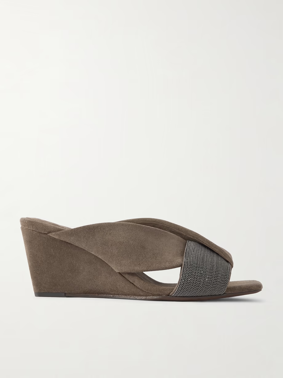 Bead-embellished suede wedge mules