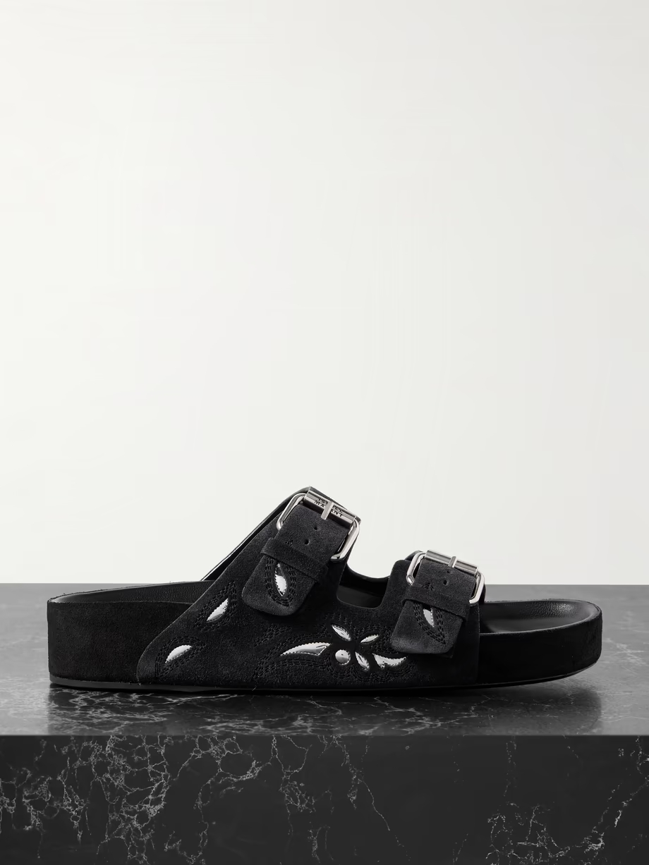 Lennyo embroidered cutout suede slides