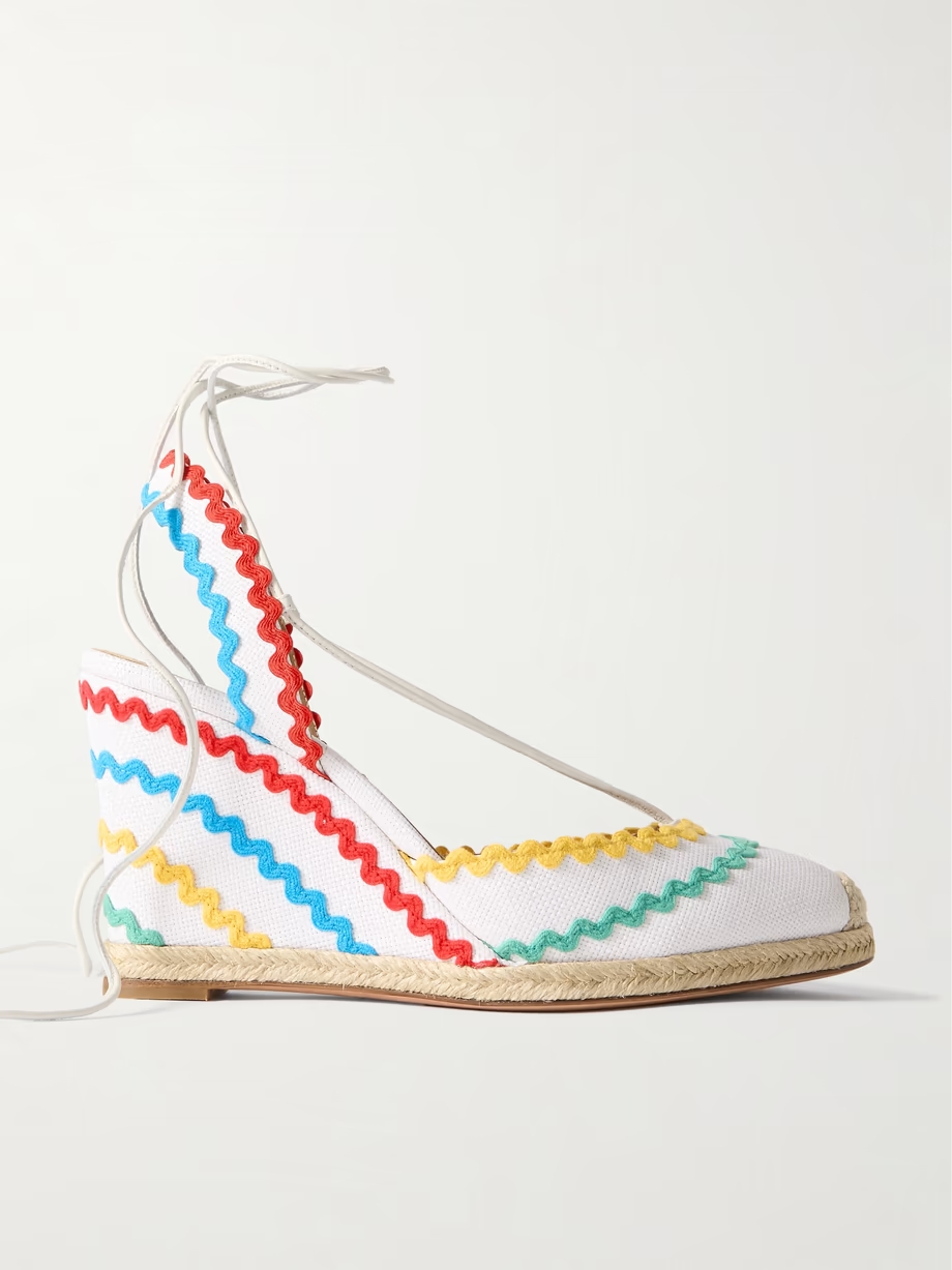 Ric Rac 85 leather-trimmed raffia wedge espadrilles