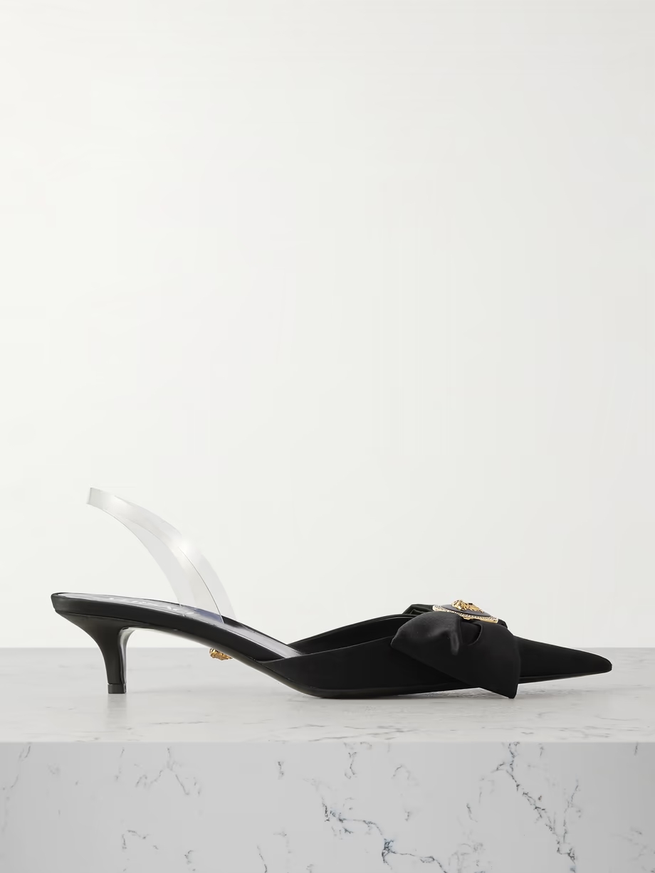 Medusa bow embellished rubber-trimmed satin slingback pumps