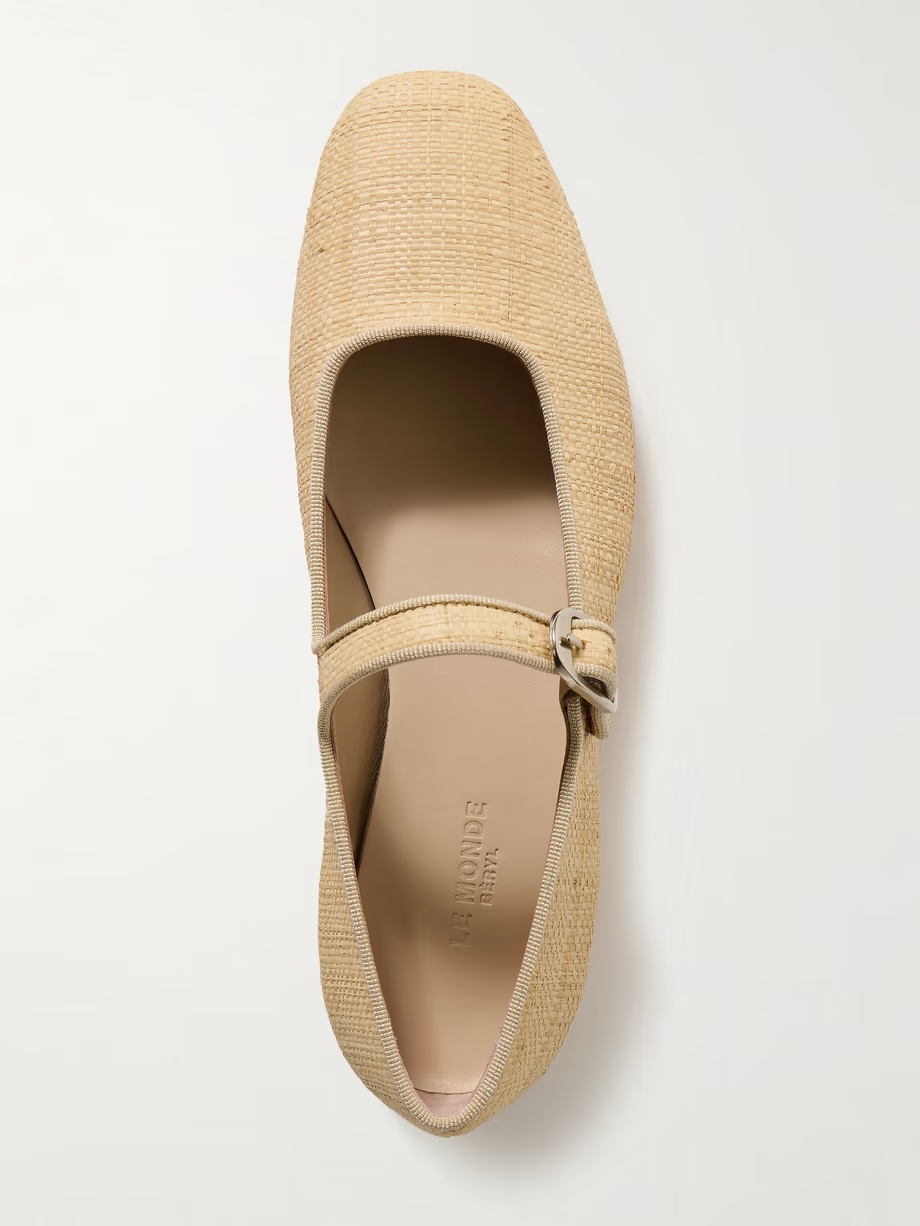 Grosgrain-trimmed raffia Mary Jane ballet flats