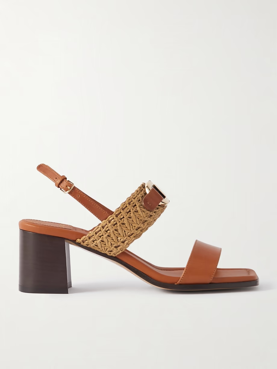 Lou raffia-trimmed embellished leather slingback sandals