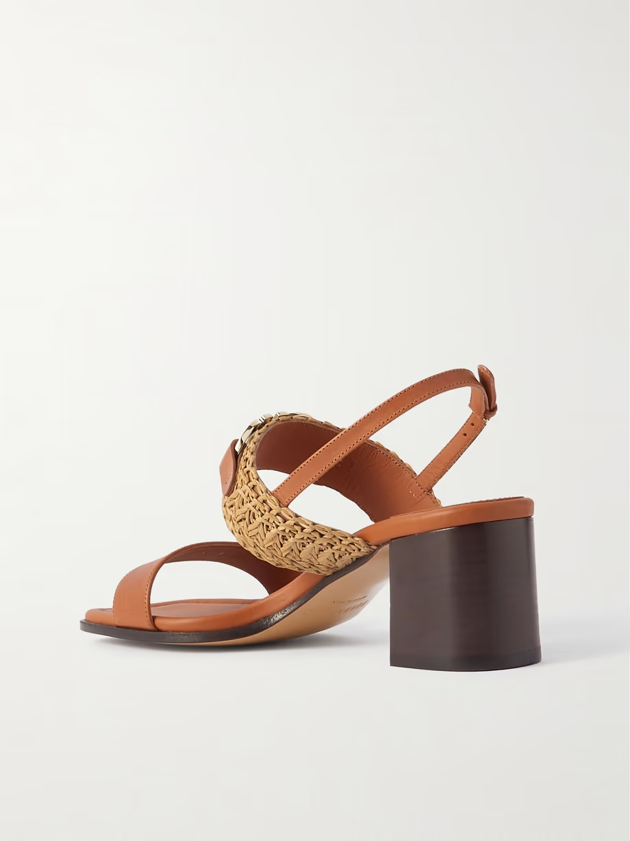 Lou raffia-trimmed embellished leather slingback sandals