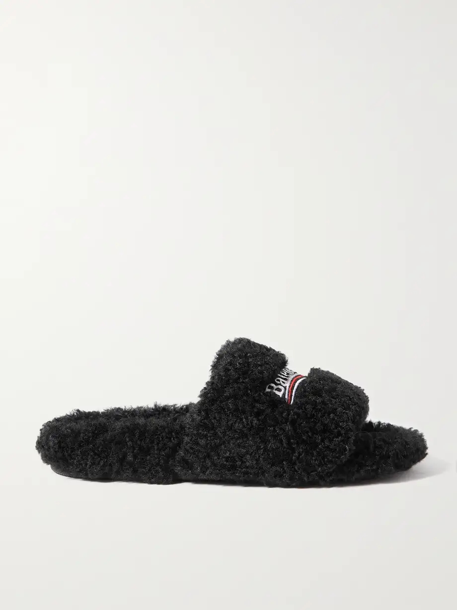 Furry logo-embroidered faux shearling slides