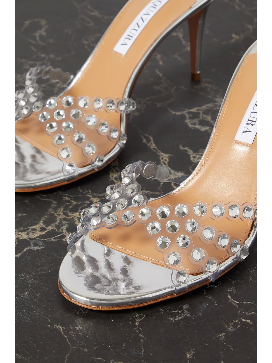 Tequila 75 crystal-embellished PVC and metallic leather mules