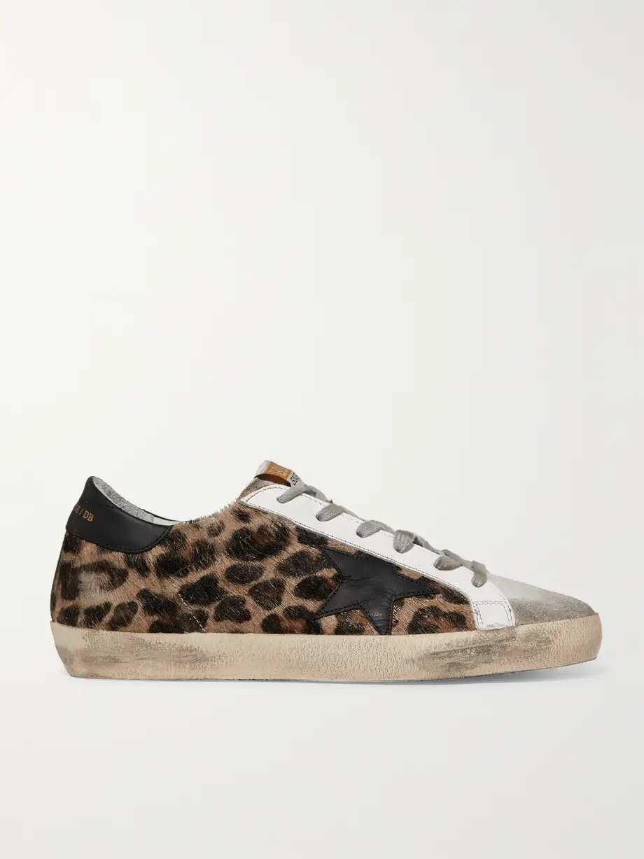 Superstar distressed leopard-print calf hair, leather and suede sneakers