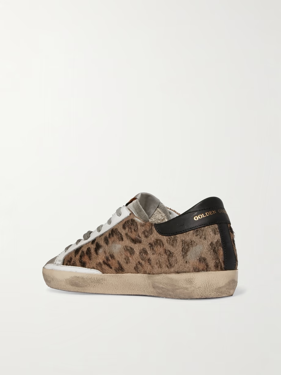 Superstar distressed leopard-print calf hair, leather and suede sneakers