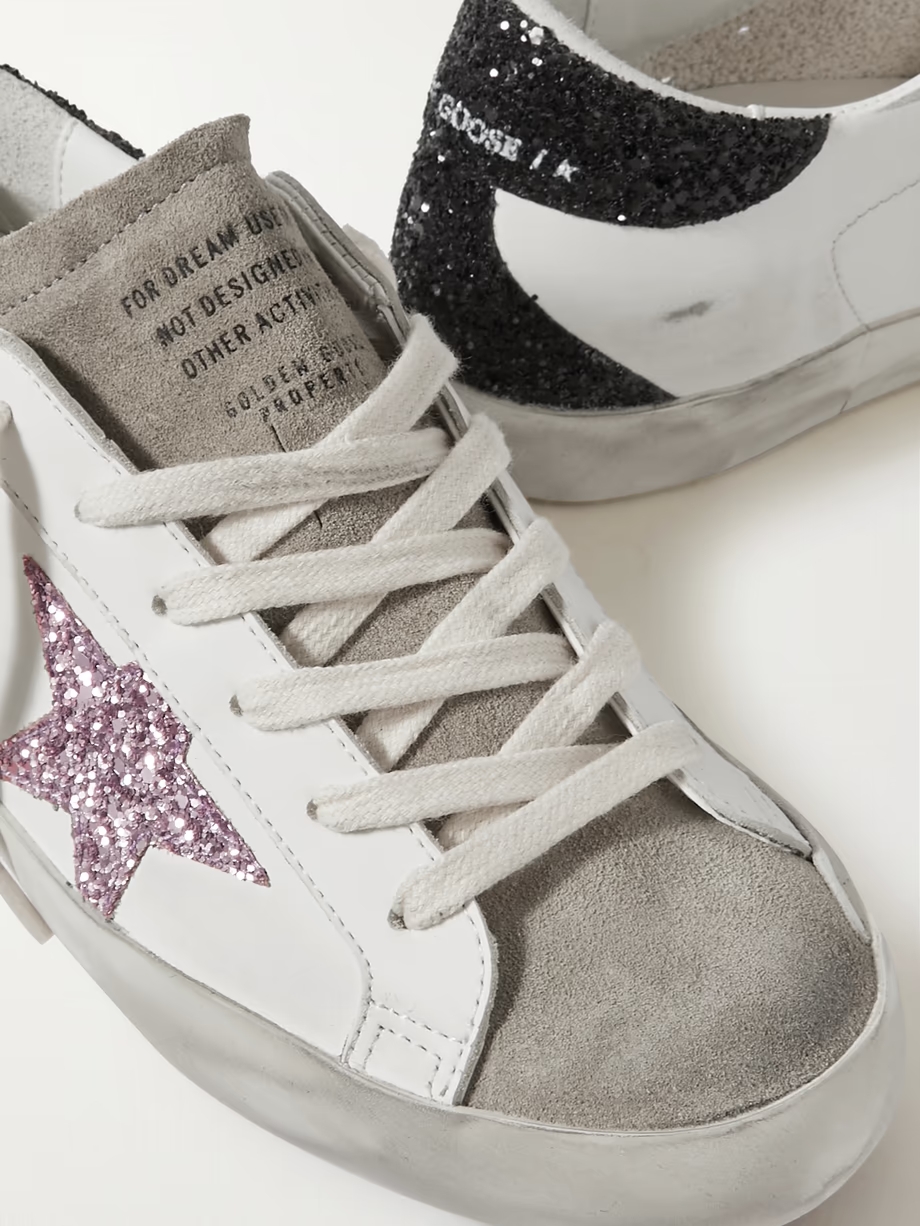 Superstar distressed glittered leather sneakers