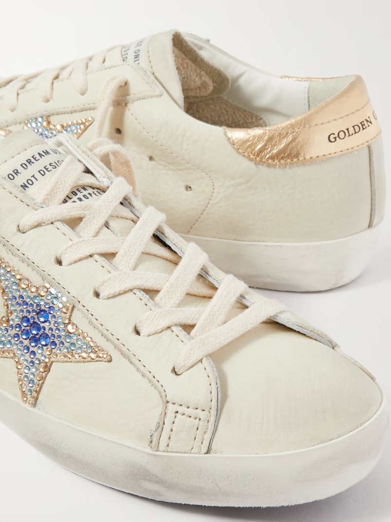 Superstar crystal-embellished distressed leather sneakers