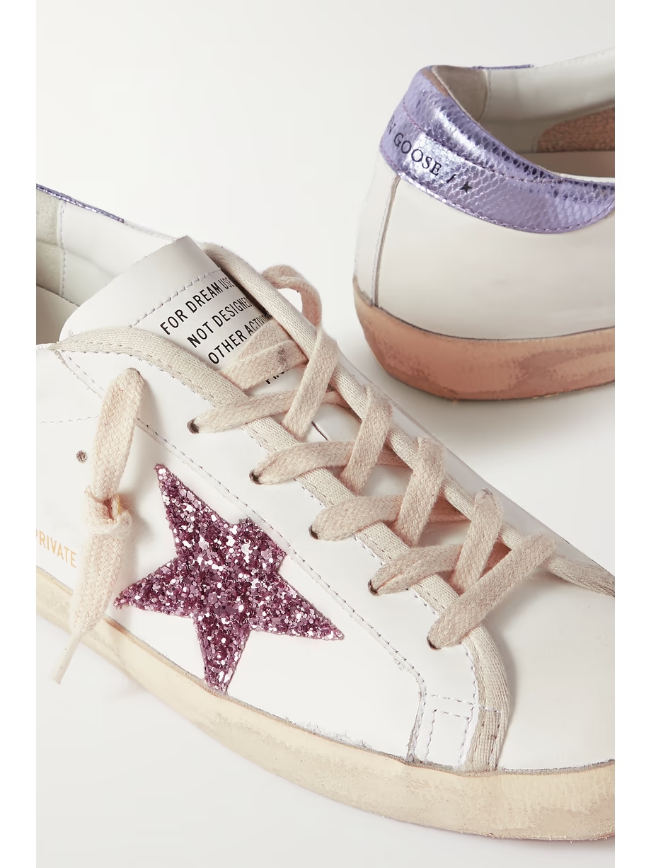 Superstar glittered distressed snake-effect trimmed leather sneakers