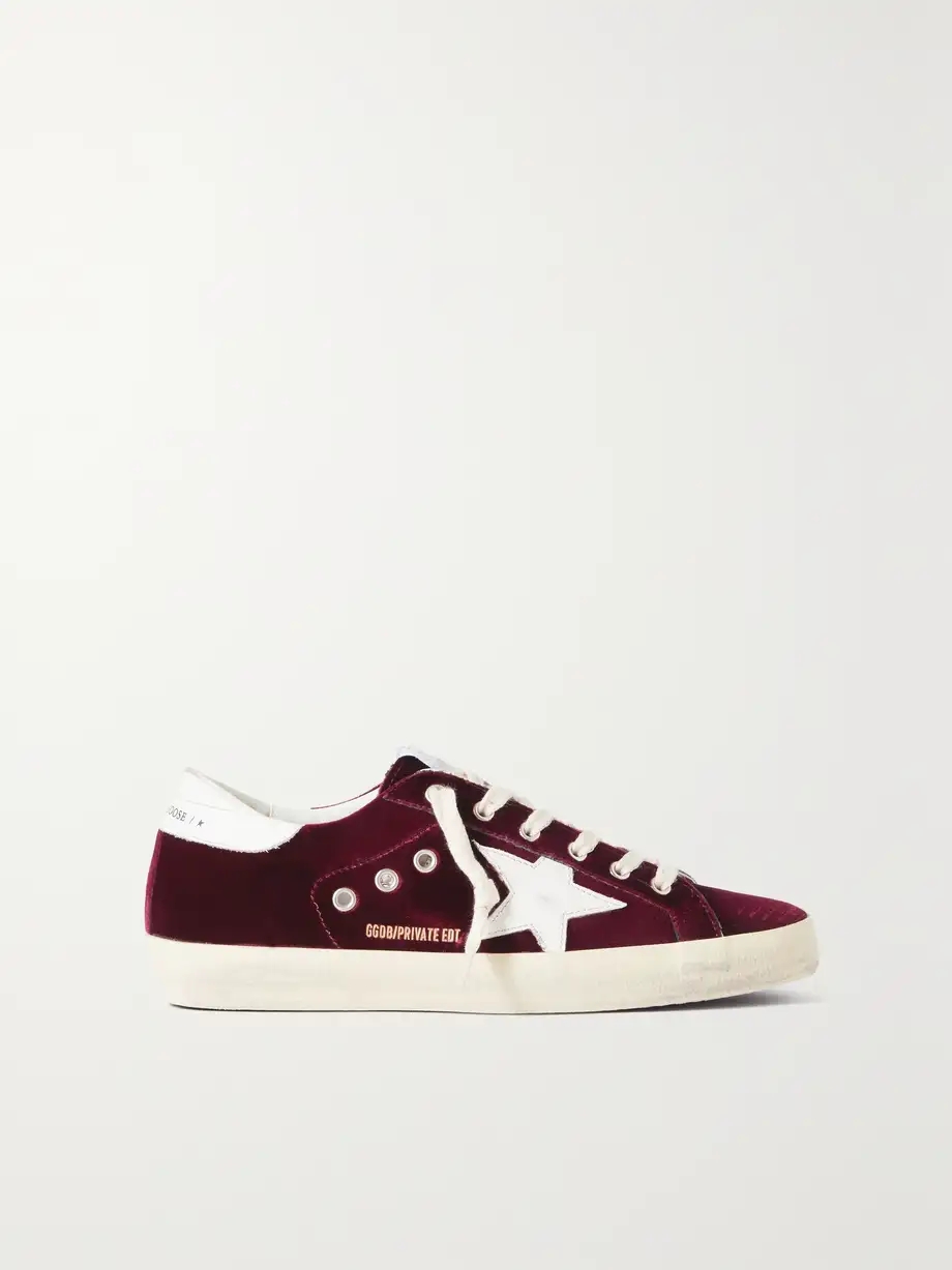 Super-Star distressed leather-trimmed velvet sneakers