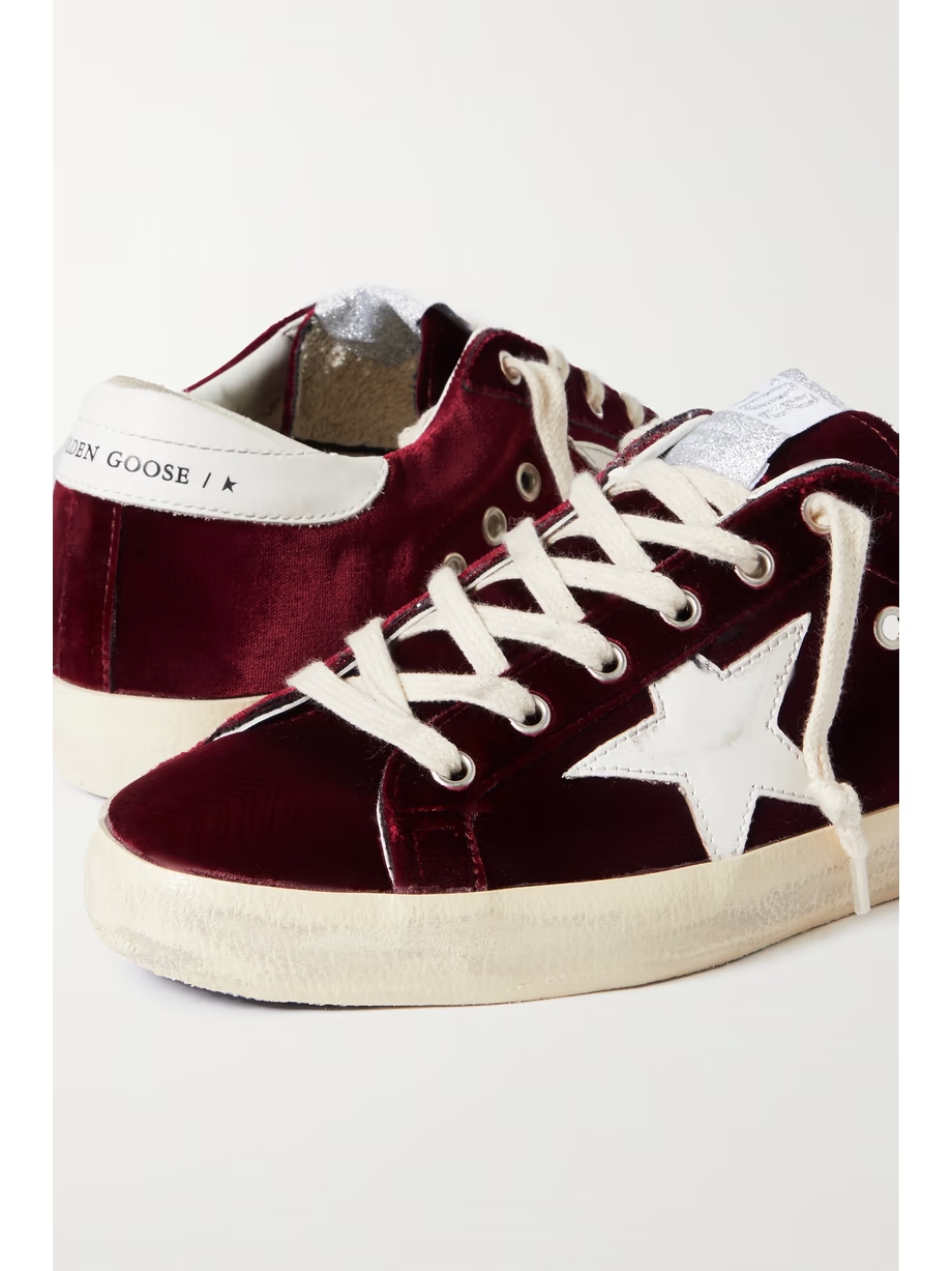 Super-Star distressed leather-trimmed velvet sneakers