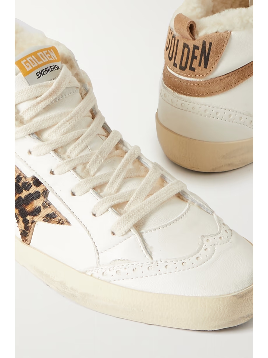 Mid Star shearling-lined distressed leopard-print calf hair, suede and leather sneakers