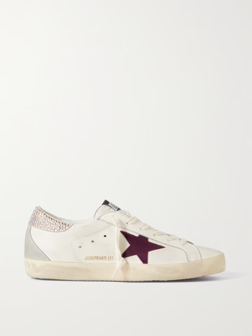 Super-Star crystal-embellished velvet-trimmed distressed leather sneakers