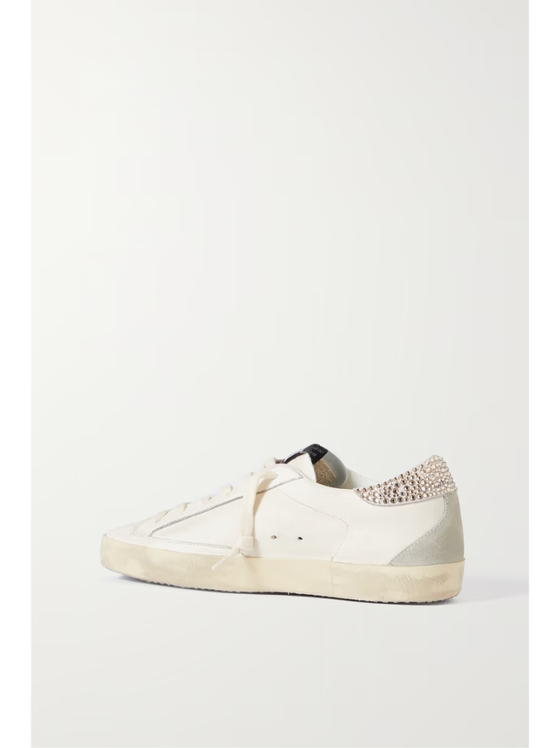 Super-Star crystal-embellished velvet-trimmed distressed leather sneakers