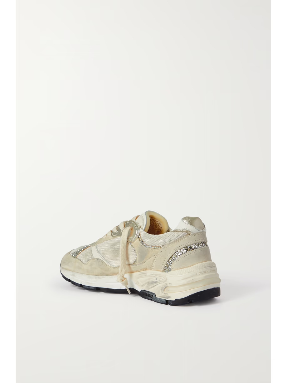 Dad-Star distressed glittered suede, mesh and metallic leather sneakers