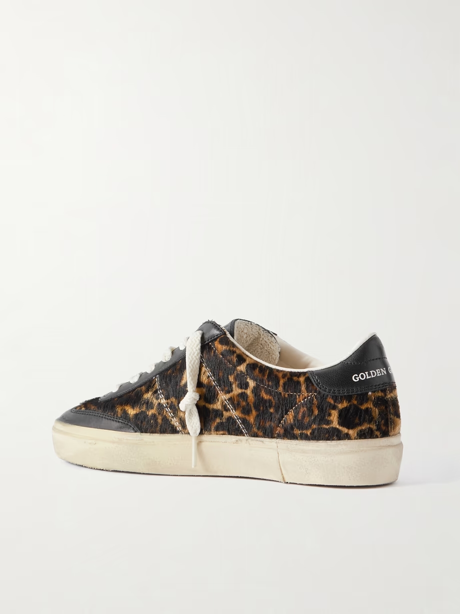 Soul-Star distressed leather-trimmed leopard-print calf hair sneakers