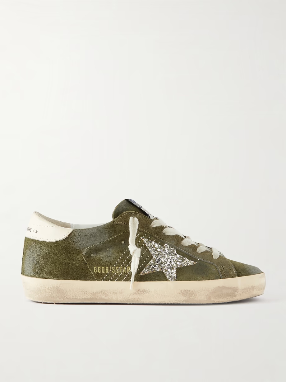 Super-Star leather-trimmed glittered distressed suede sneakers