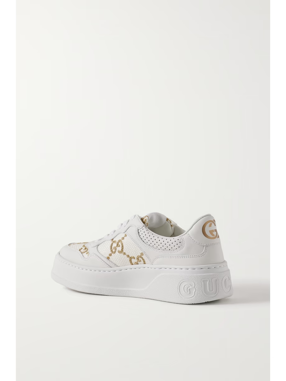 Leather and metallic embroidered canvas platform sneakers