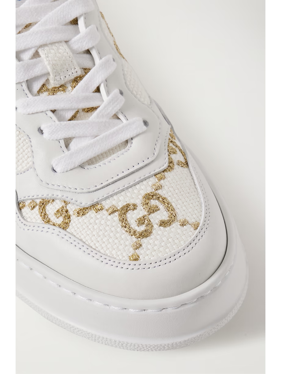 Leather and metallic embroidered canvas platform sneakers