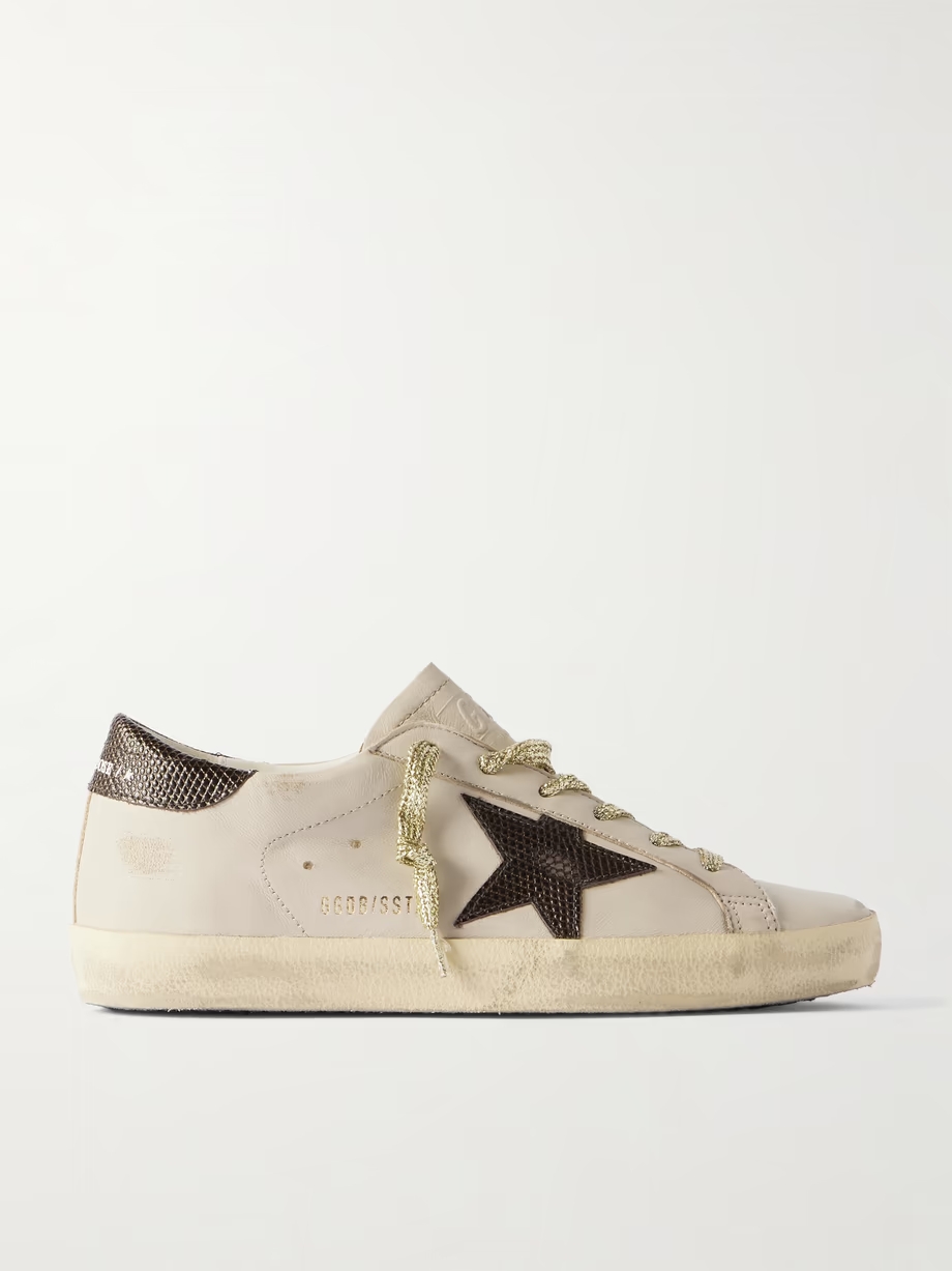 Super-Star metallic croc-effect leather-trimmed distressed leather sneakers