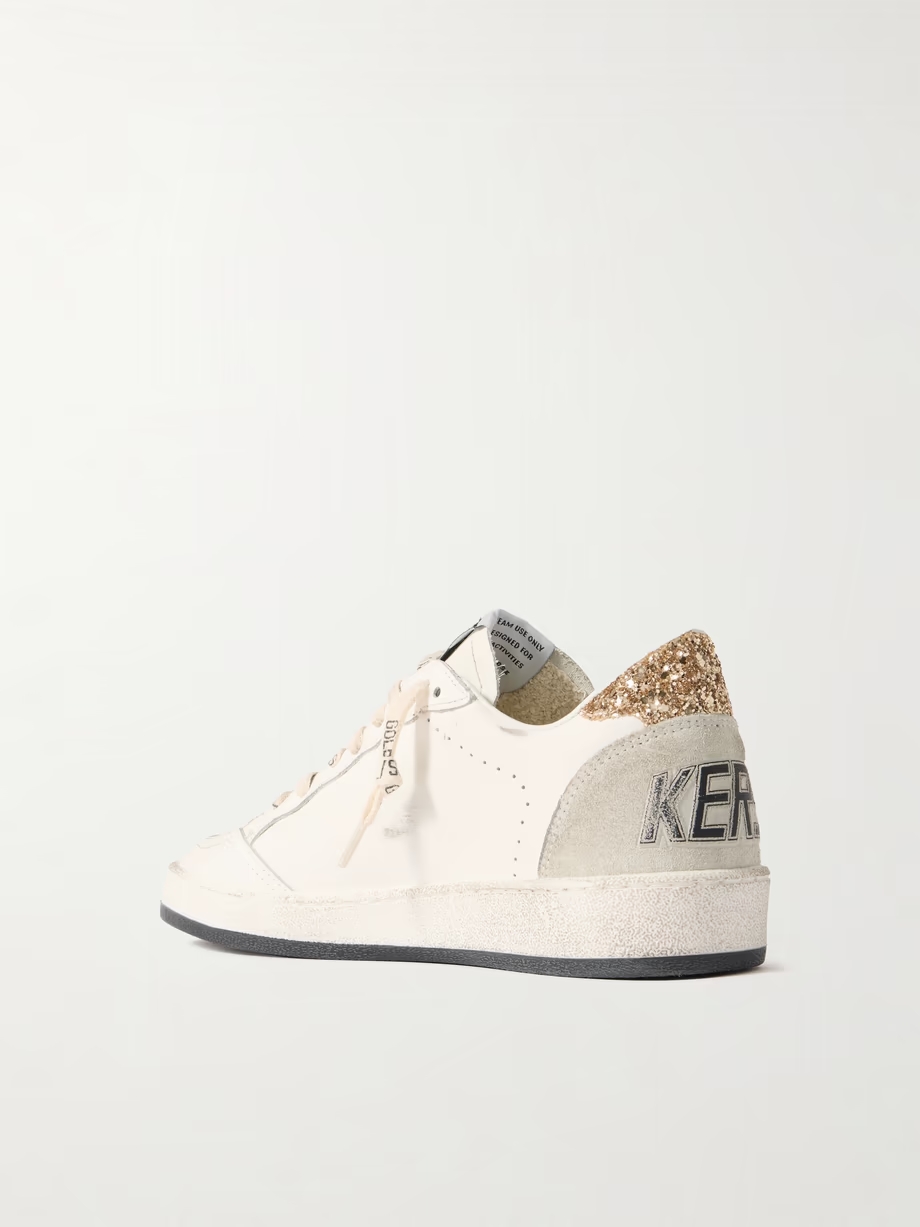 Ball Star distressed glittered suede-trimmed leather sneakers